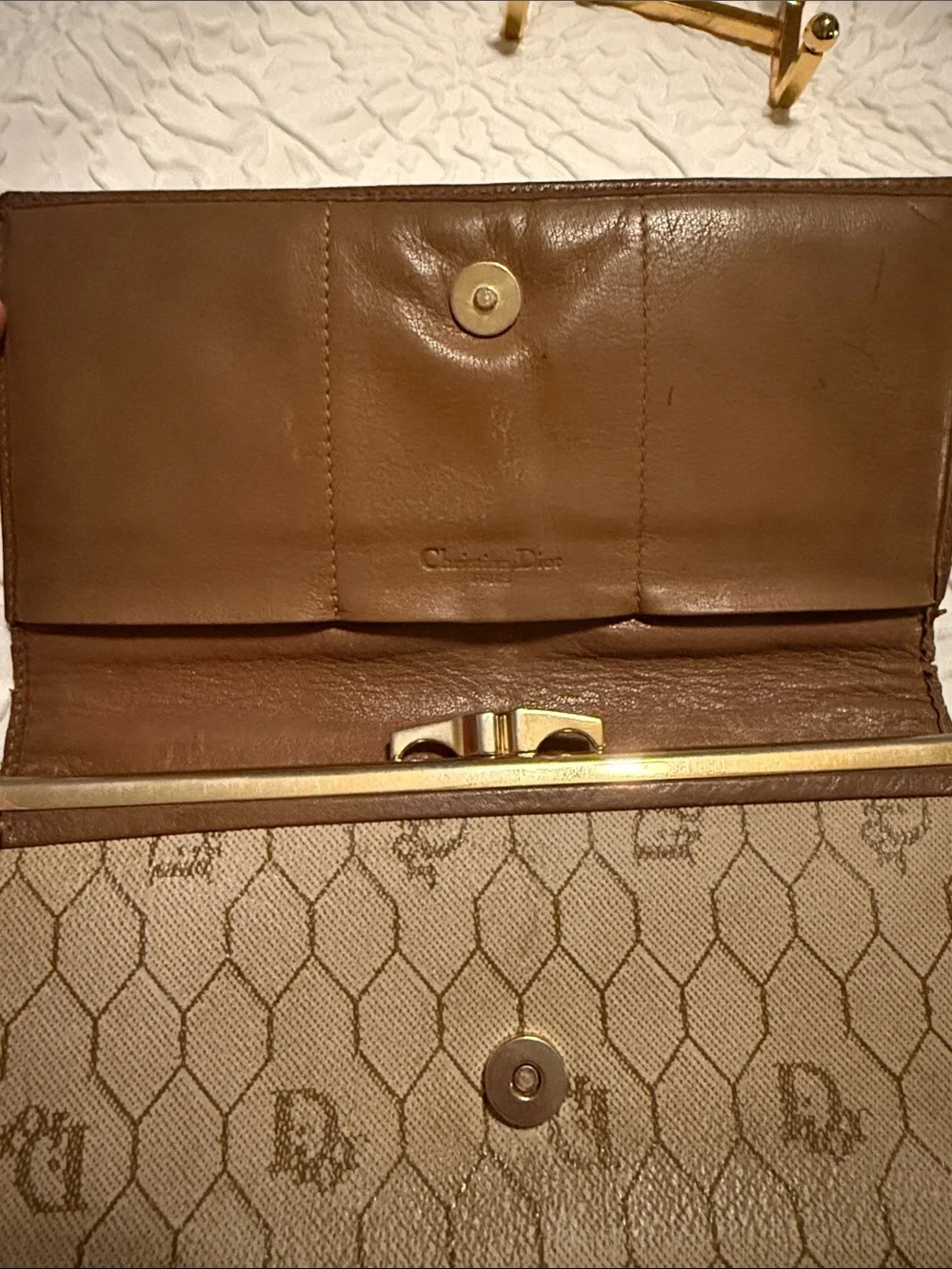 Vintage Dior Brown Monogram Honeycomb Foldover Kisslock wallet